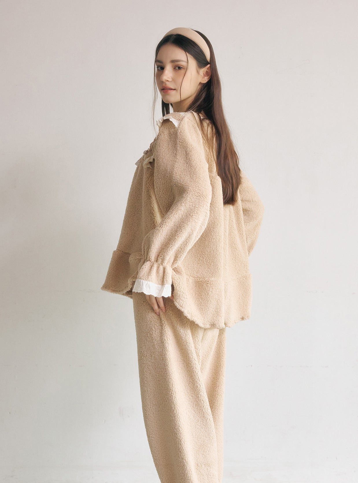 Joshua Fleece Long - Sleeve V - Neck Pajama Set - premium Korean sleepwear by LUNALUZ