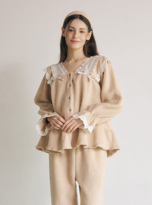 Joshua Fleece Long - Sleeve V - Neck Pajama Set - premium Korean sleepwear by LUNALUZ