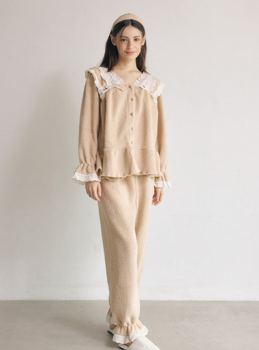 Joshua Fleece Long - Sleeve V - Neck Pajama Set - premium Korean sleepwear by LUNALUZ