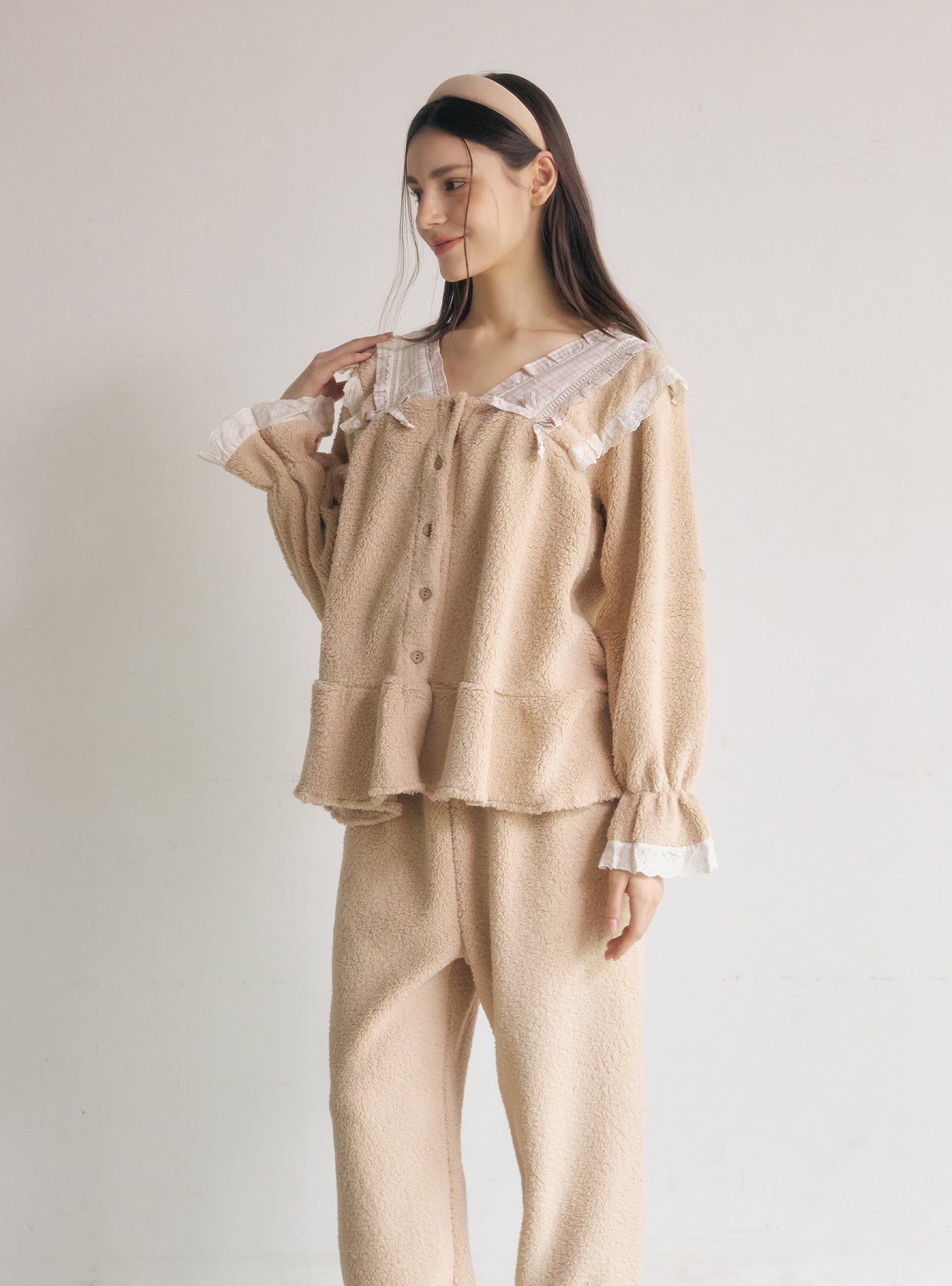 Joshua Fleece Long - Sleeve V - Neck Pajama Set - premium Korean sleepwear by LUNALUZ