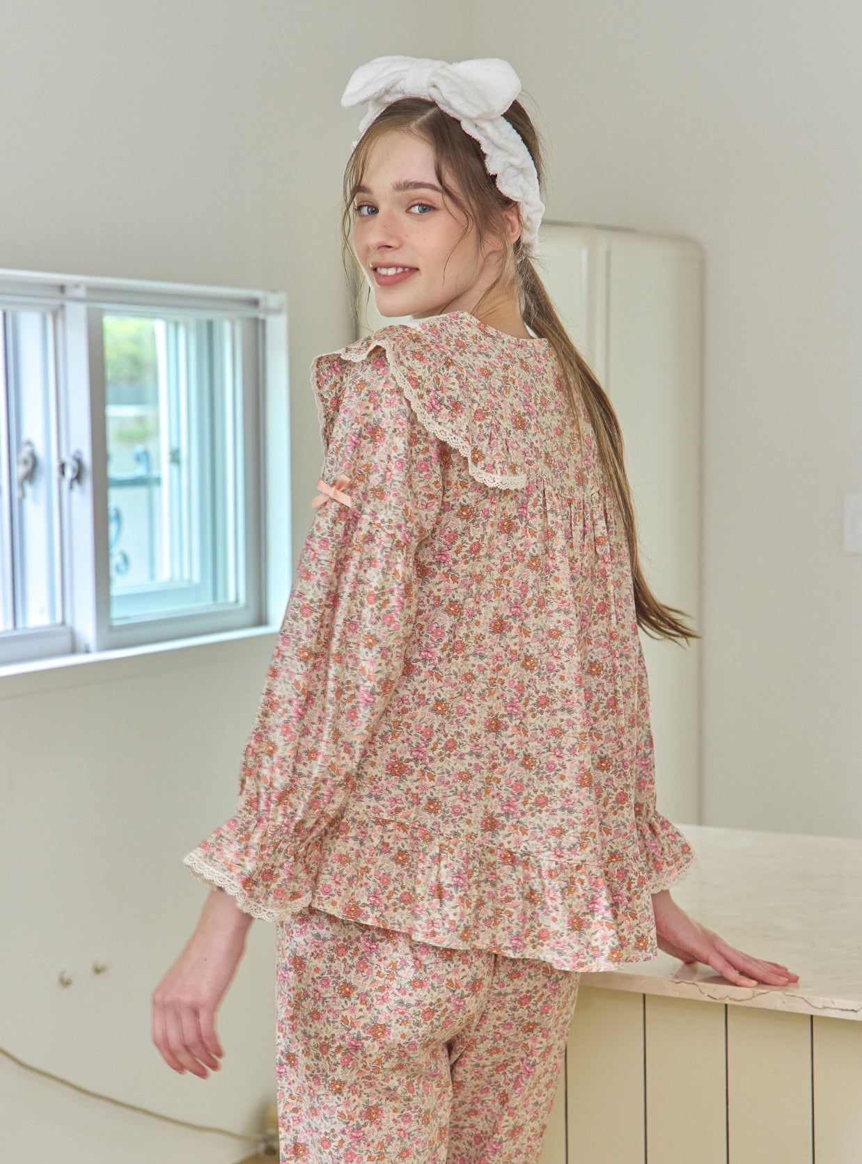 Karen Rose Cotton V - Neck Long - Sleeve Pajama Set - premium Korean sleepwear by LUNALUZ