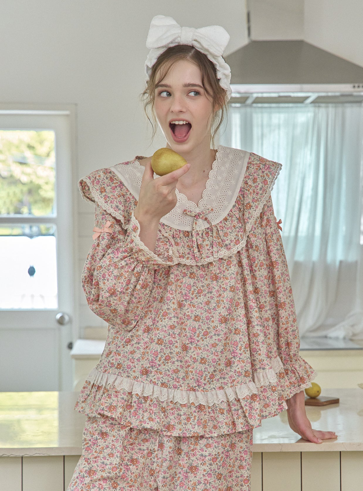 Karen Rose Cotton V - Neck Long - Sleeve Pajama Set - premium Korean sleepwear by LUNALUZ