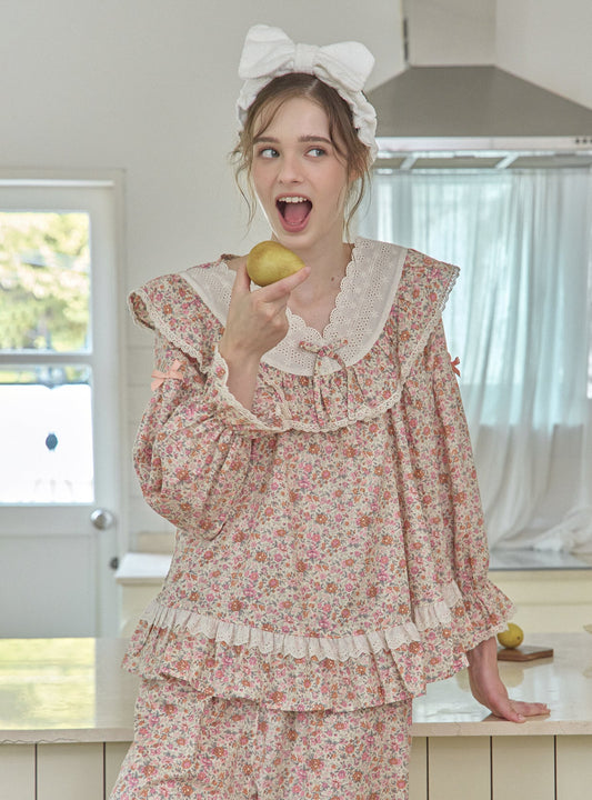 Karen Rose Cotton V - Neck Long - Sleeve Pajama Set - premium Korean sleepwear by LUNALUZ