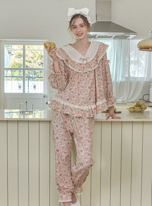 Karen Rose Cotton V - Neck Long - Sleeve Pajama Set - premium Korean sleepwear by LUNALUZ