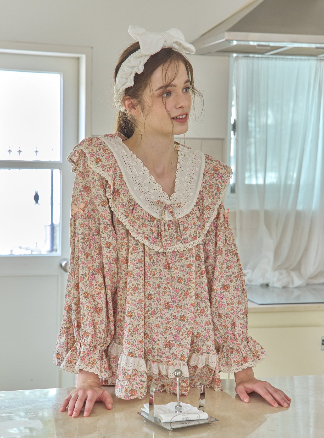 Karen Rose Cotton V - Neck Long - Sleeve Pajama Set - premium Korean sleepwear by LUNALUZ