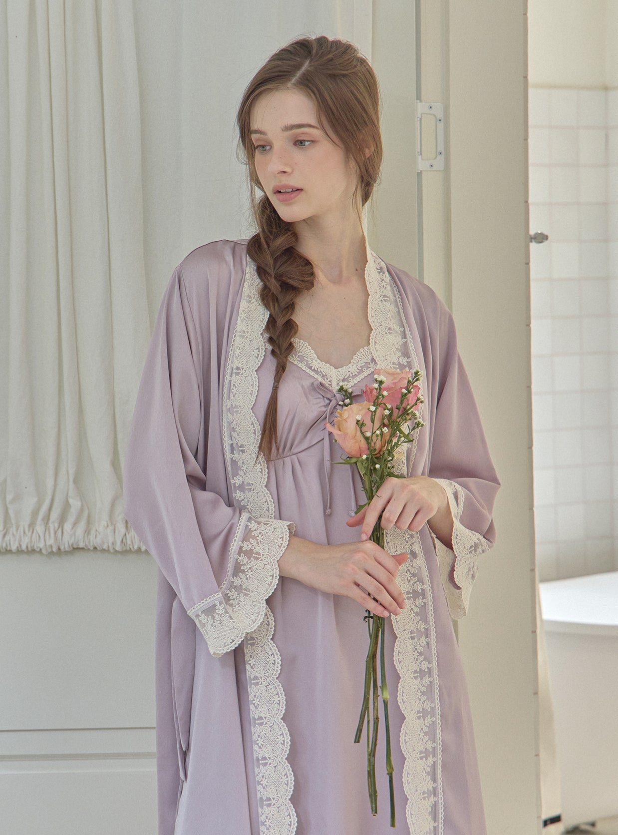 Lavender Silk - Satin Slip & Robe - premium Korean sleepwear by LUNALUZ