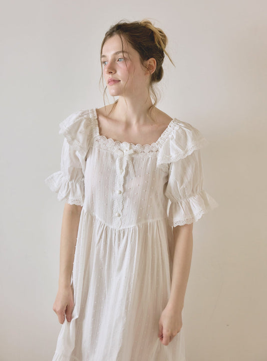 Lilia Cotton Square Neck Short Sleeve Dress (Sleepwear) - premium Korean sleepwear by LUNALUZ