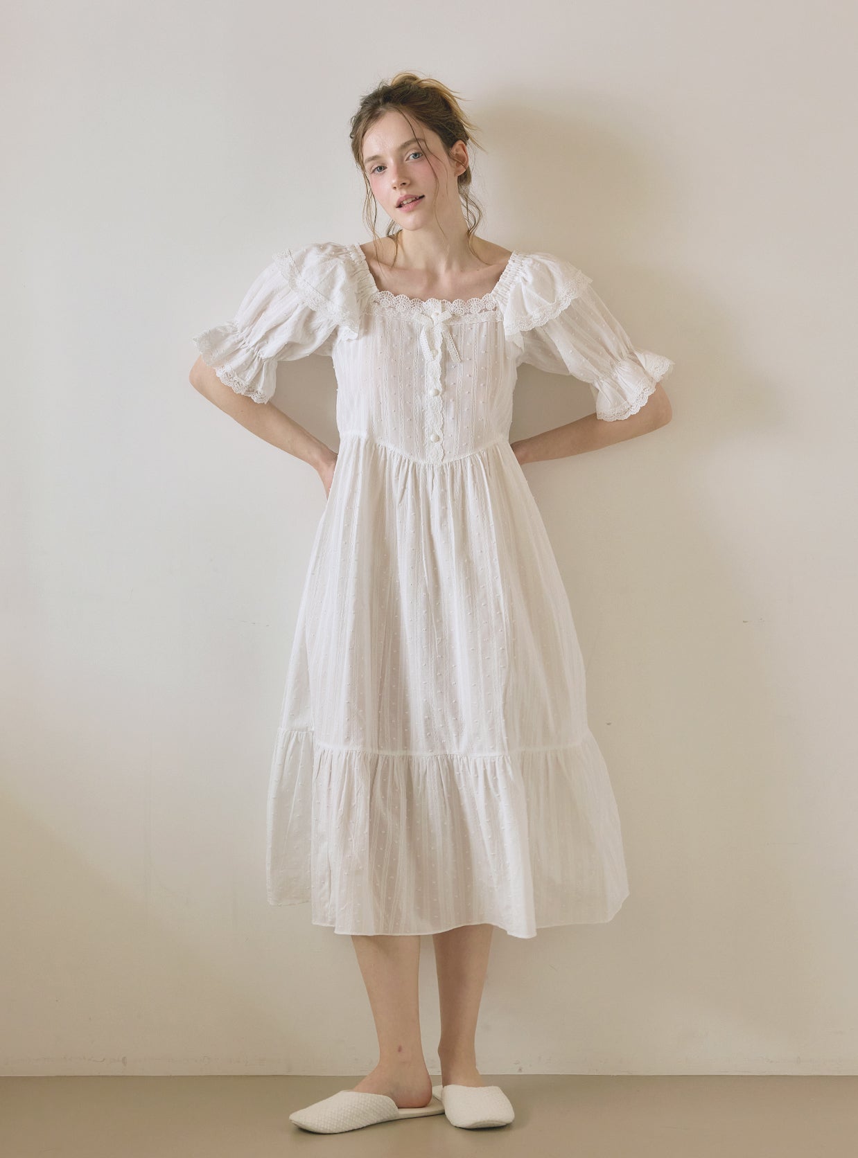 Lilia Cotton Square Neck Short Sleeve Dress (Sleepwear) - premium Korean sleepwear by LUNALUZ