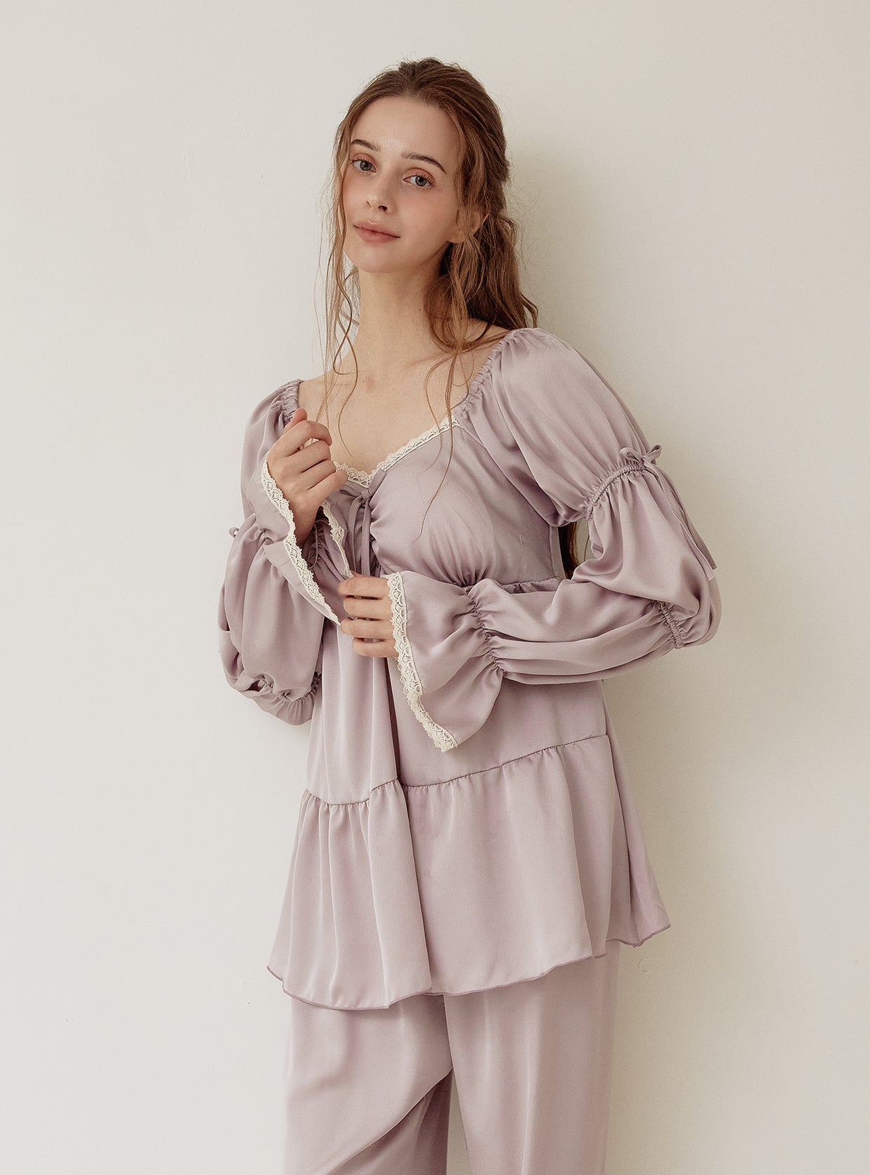 Louise Satin Bra - Cup Long - Sleeve Pajama Set - premium Korean sleepwear by LUNALUZ