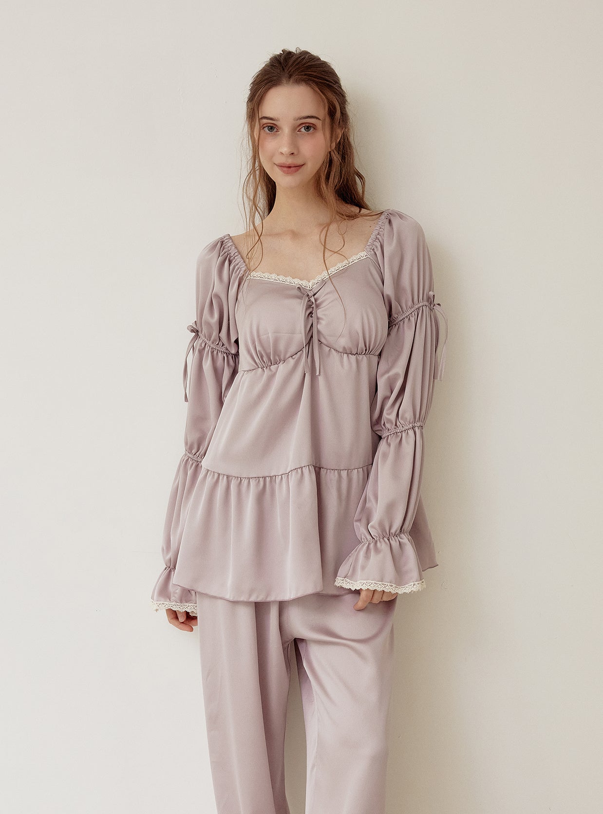Louise Satin Bra - Cup Long - Sleeve Pajama Set - premium Korean sleepwear by LUNALUZ