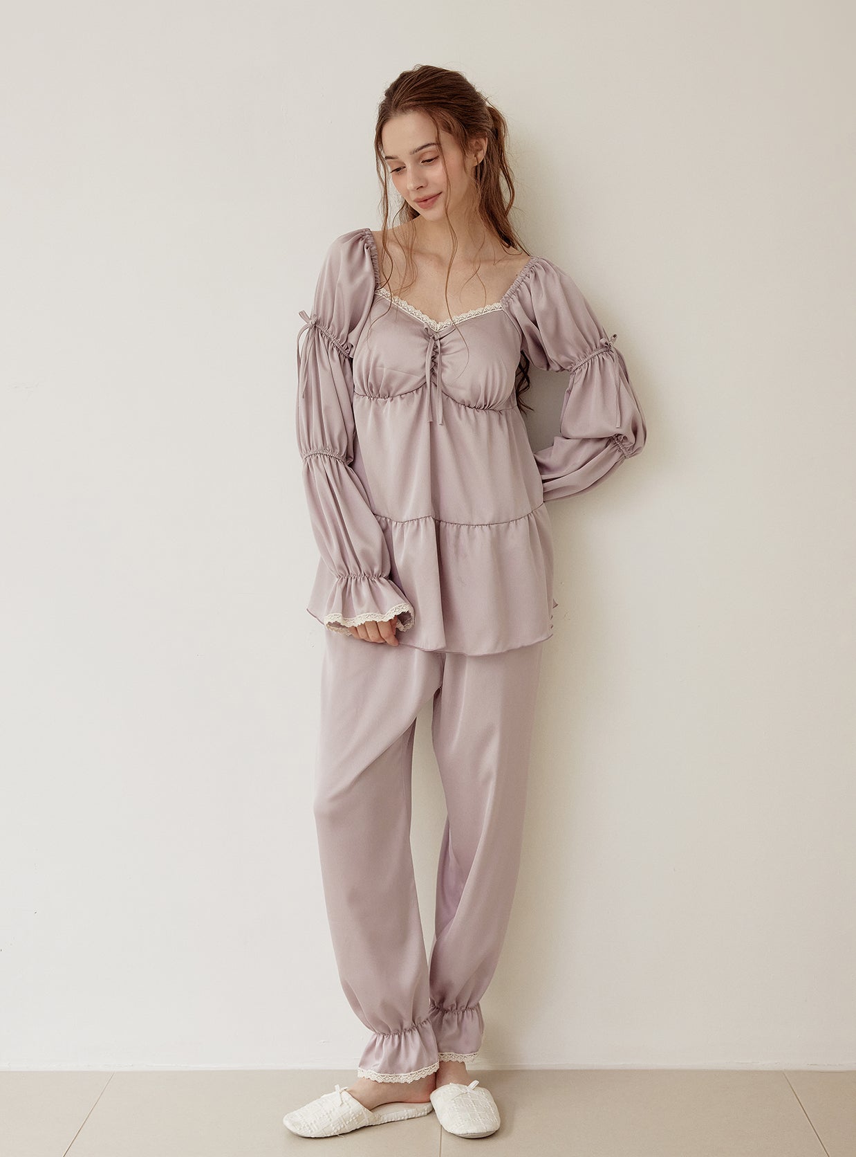 Louise Satin Bra - Cup Long - Sleeve Pajama Set - premium Korean sleepwear by LUNALUZ
