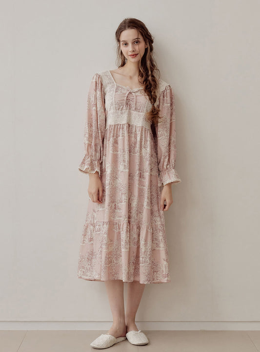 Madel Cotton Square - Neck Long - Sleeve Nightdress – 2 Colors - premium Korean sleepwear by LUNALUZ