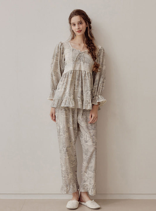 Madel Cotton Square - Neck Long - Sleeve Pajama Set – 2 Colors - premium Korean sleepwear by LUNALUZ