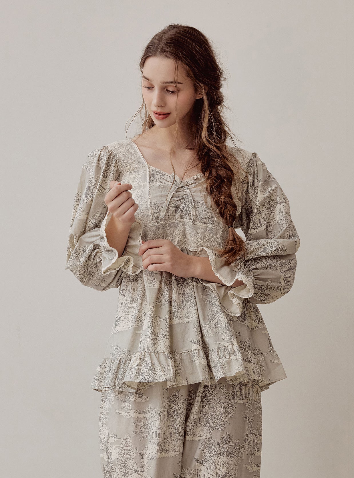 Madel Cotton Square - Neck Long - Sleeve Pajama Set – 2 Colors - premium Korean sleepwear by LUNALUZ