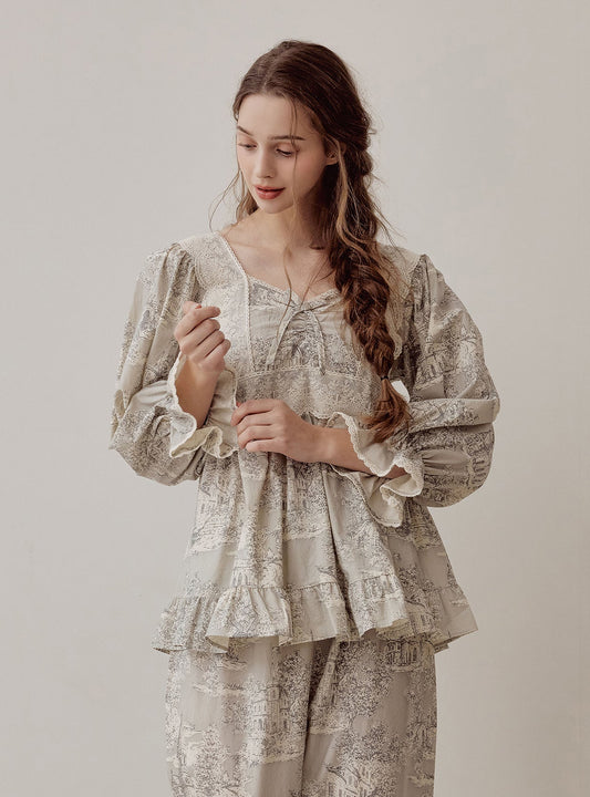 Madel Cotton Square - Neck Long - Sleeve Pajama Set – 2 Colors - premium Korean sleepwear by LUNALUZ