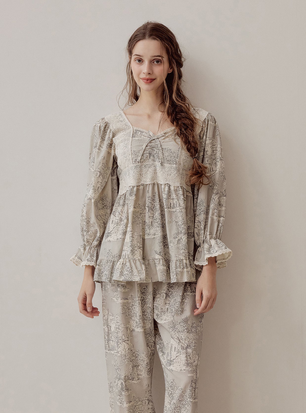 Madel Cotton Square - Neck Long - Sleeve Pajama Set – 2 Colors - premium Korean sleepwear by LUNALUZ