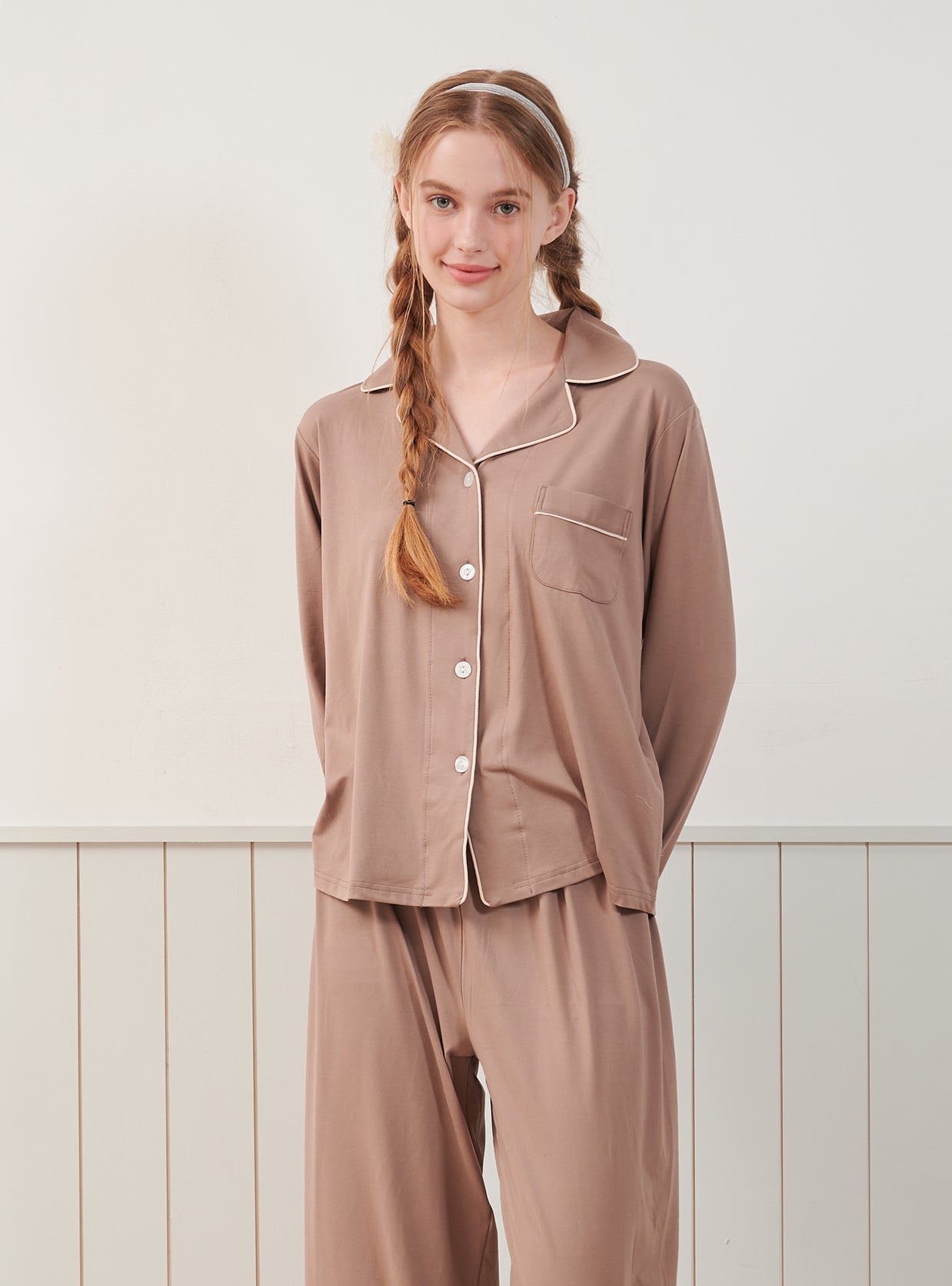 Maybe Span Long - Sleeve Notched Collar Pajama Set - premium Korean sleepwear by LUNALUZ