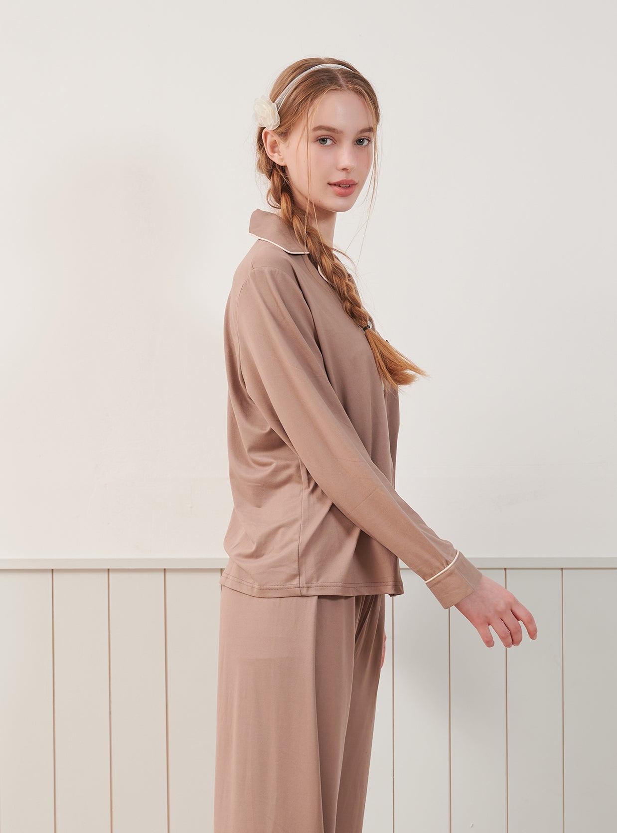 Maybe Span Long - Sleeve Notched Collar Pajama Set - premium Korean sleepwear by LUNALUZ