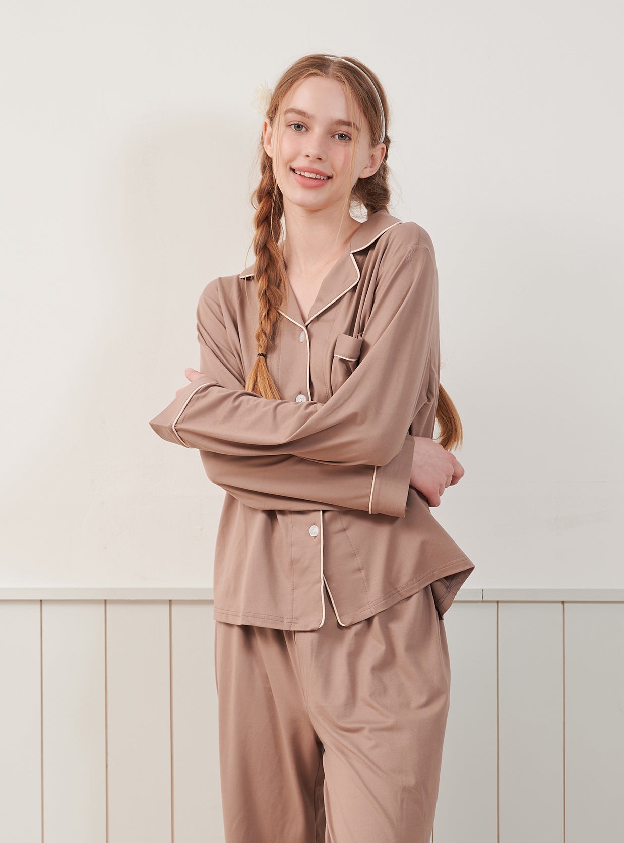 Maybe Span Long - Sleeve Notched Collar Pajama Set - premium Korean sleepwear by LUNALUZ