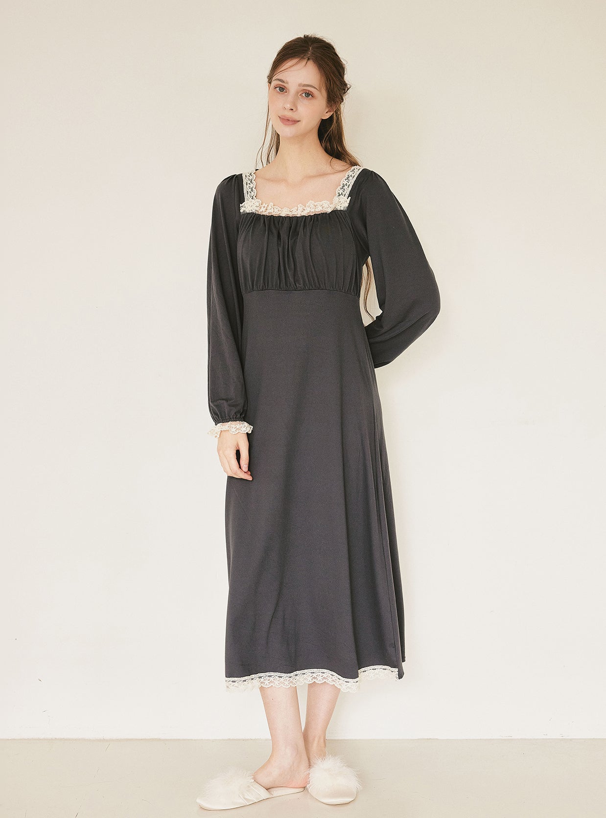 Maybe Span Square - Neck Bra - Cup Long - Sleeve Nightdress (2 Colors) - premium Korean sleepwear by LUNALUZ