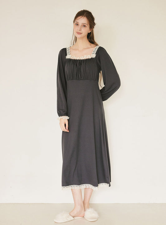 Maybe Span Square - Neck Bra - Cup Long - Sleeve Nightdress (2 Colors) - premium Korean sleepwear by LUNALUZ