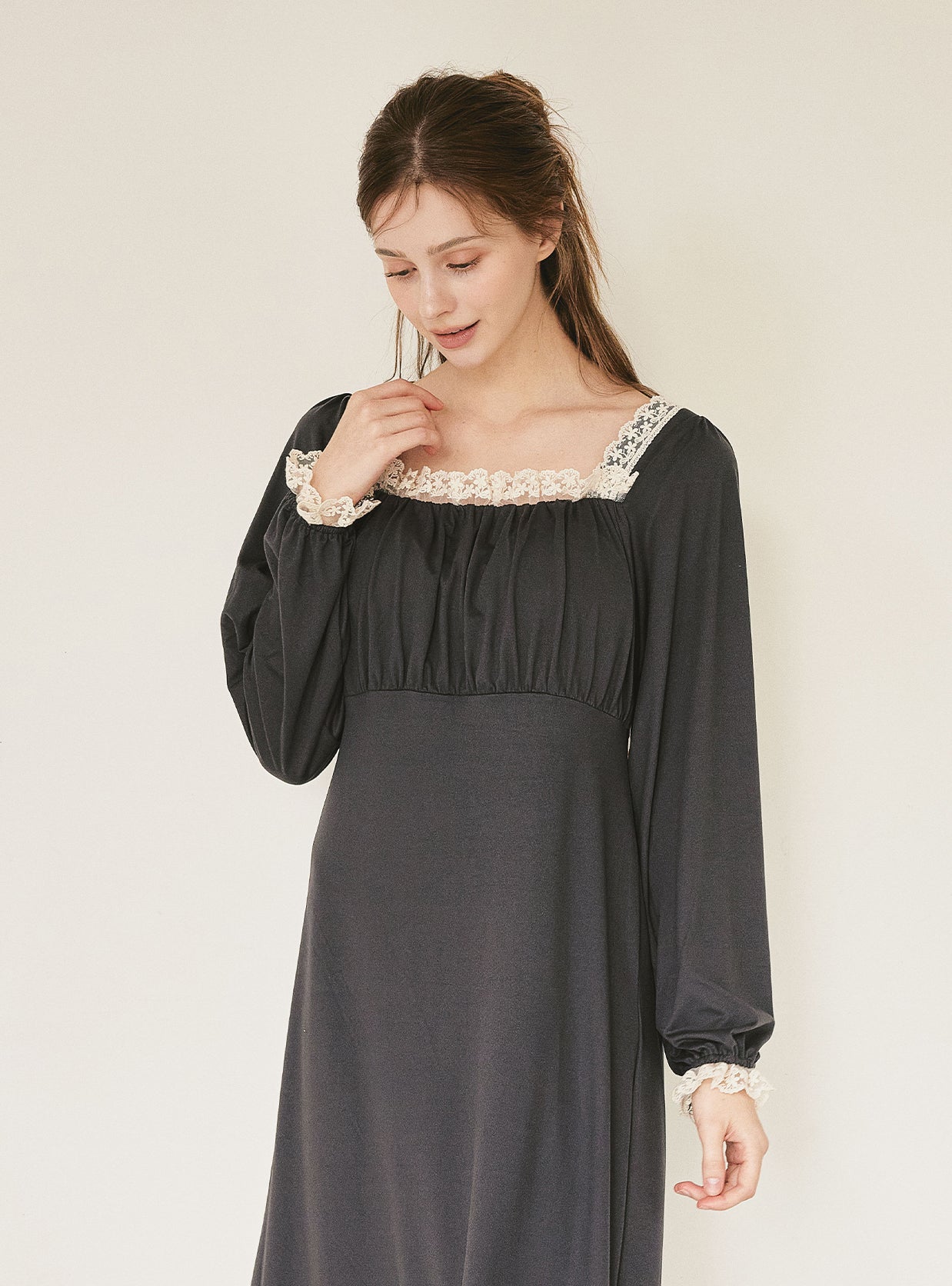 Maybe Span Square - Neck Bra - Cup Long - Sleeve Nightdress (2 Colors) - premium Korean sleepwear by LUNALUZ