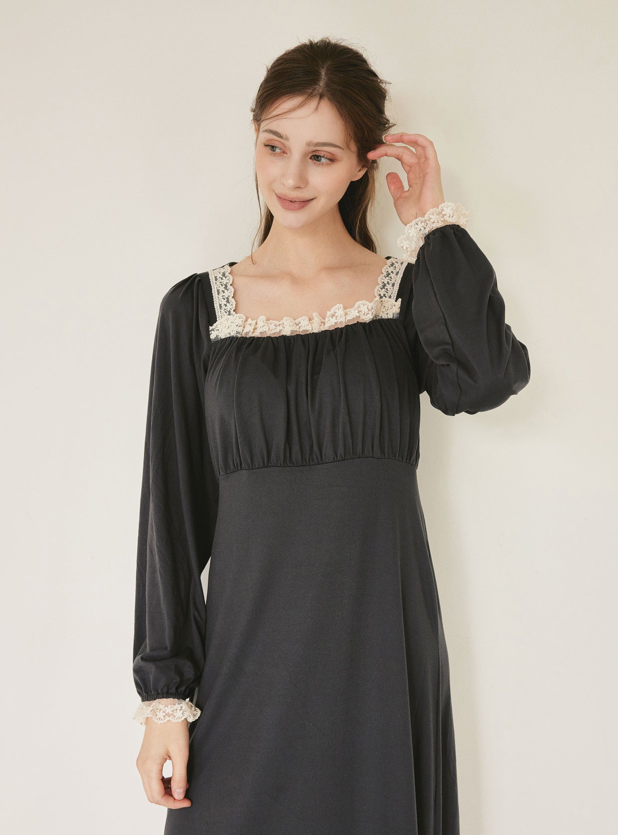 Maybe Span Square - Neck Bra - Cup Long - Sleeve Nightdress (2 Colors) - premium Korean sleepwear by LUNALUZ