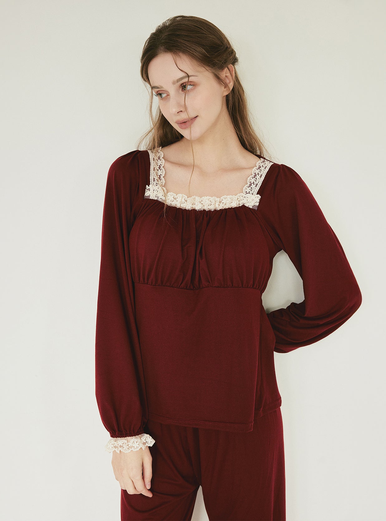 Maybe Span Square - Neck Bra - Cup Long - Sleeve Pajama Set (2 Colors) - premium Korean sleepwear by LUNALUZ