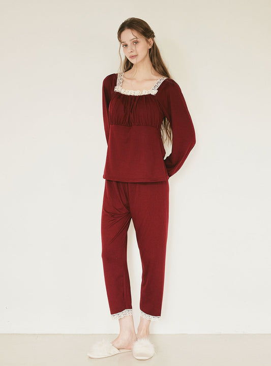 Maybe Span Square - Neck Bra - Cup Long - Sleeve Pajama Set (2 Colors) - premium Korean sleepwear by LUNALUZ