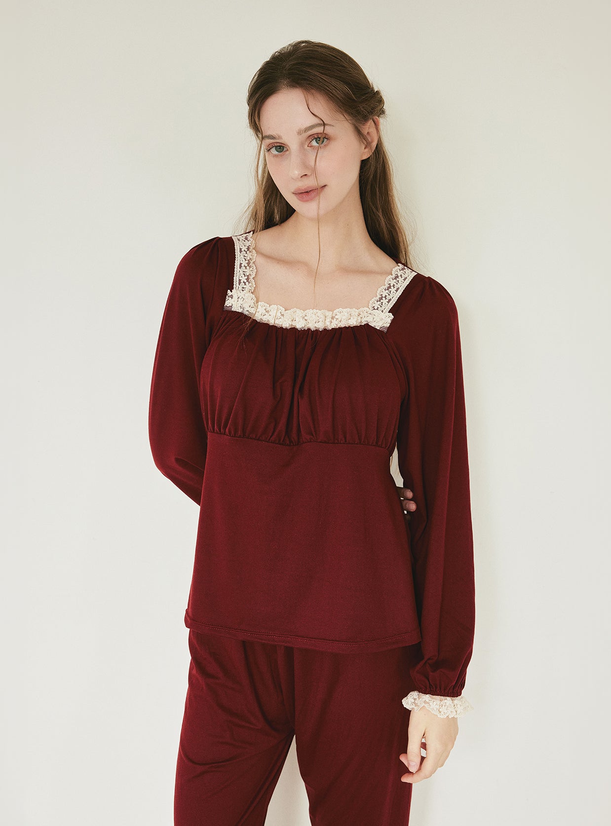 Maybe Span Square - Neck Bra - Cup Long - Sleeve Pajama Set (2 Colors) - premium Korean sleepwear by LUNALUZ