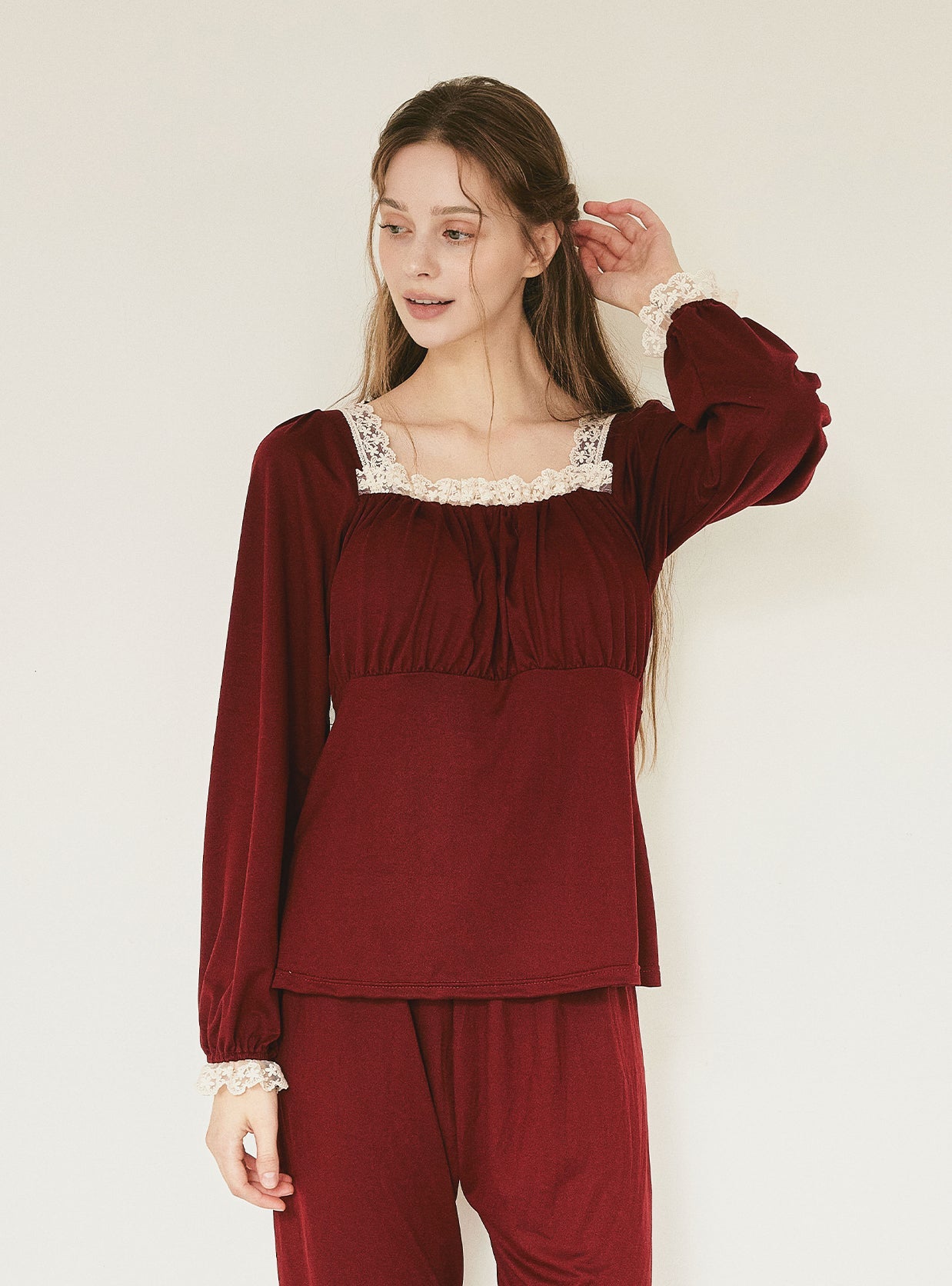 Maybe Span Square - Neck Bra - Cup Long - Sleeve Pajama Set (2 Colors) - premium Korean sleepwear by LUNALUZ