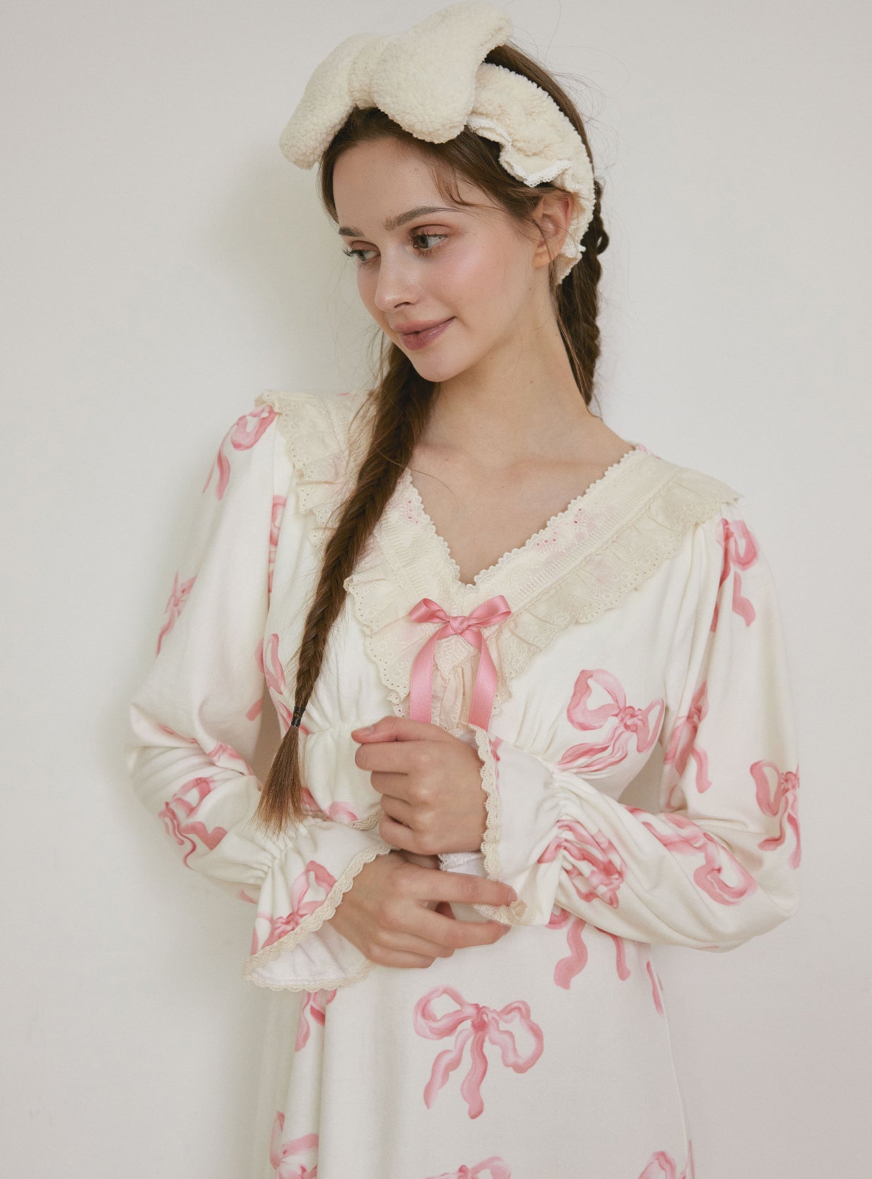 Mink Ribbon Bra - Cup Long - Sleeve Nightdress - premium Korean sleepwear by LUNALUZ