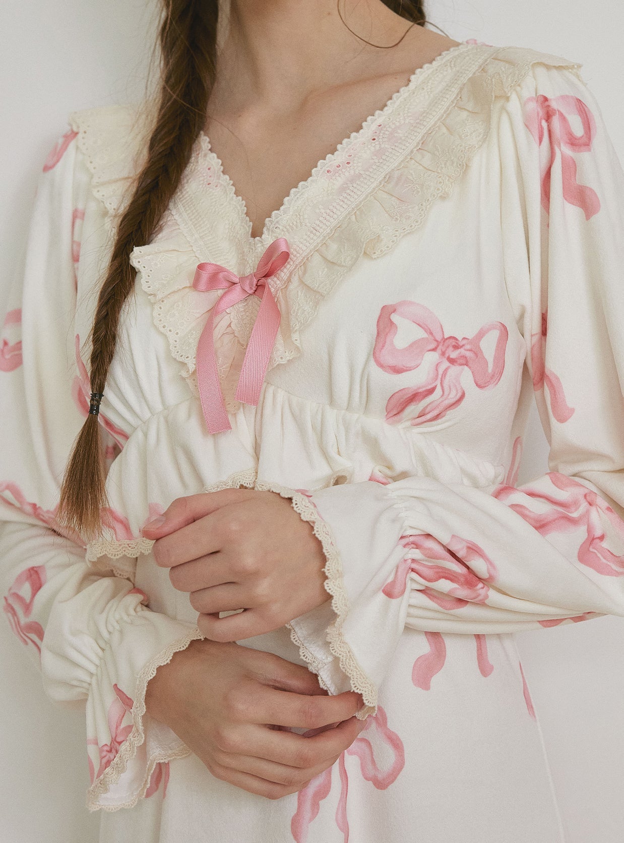 Mink Ribbon Bra - Cup Long - Sleeve Nightdress - premium Korean sleepwear by LUNALUZ