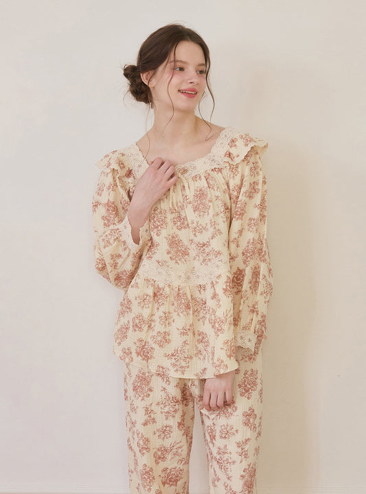 Minuet Double - Gauze Cotton Square - Neck Pajama Set - premium Korean sleepwear by LUNALUZ