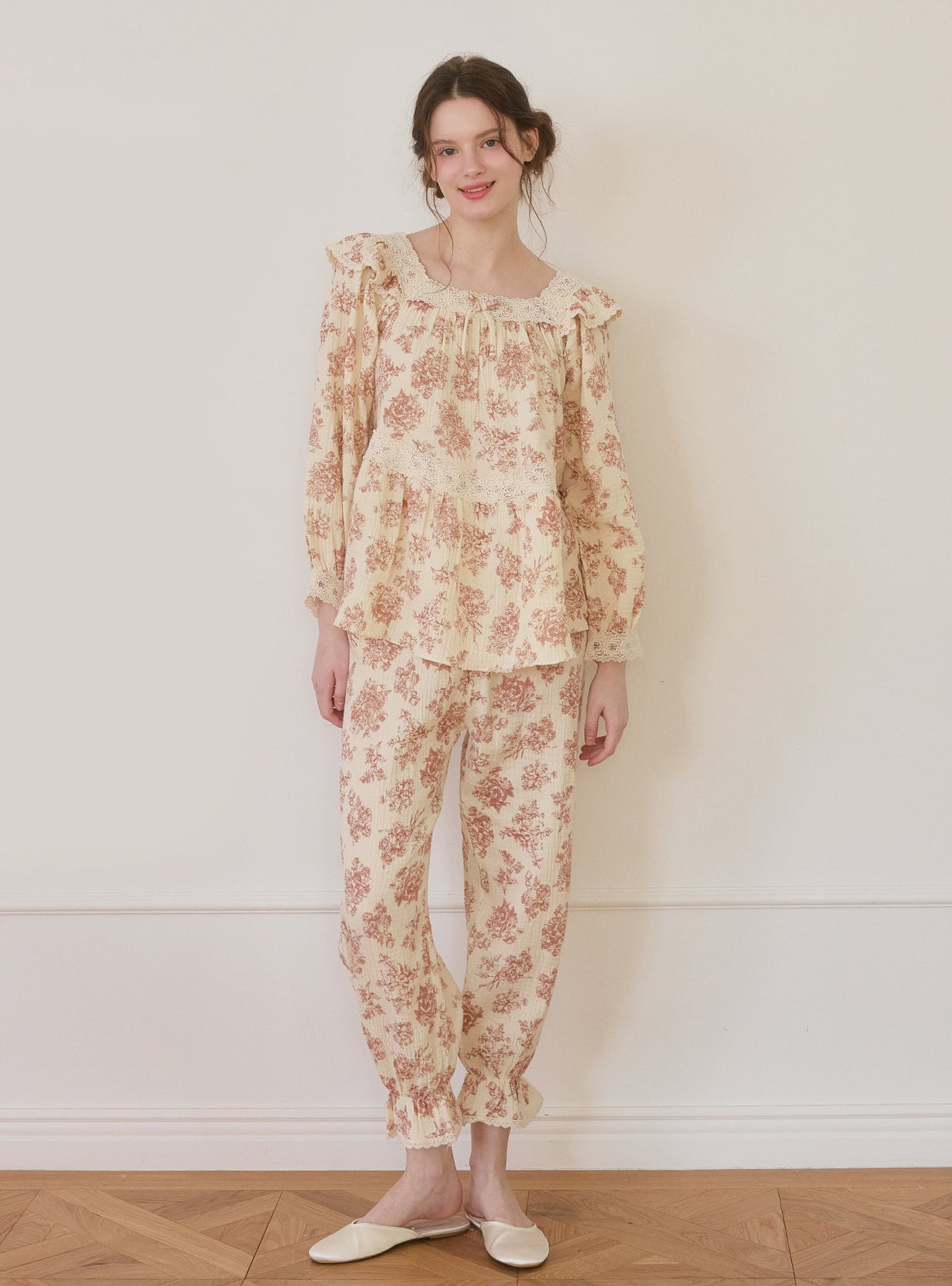 Minuet Double - Gauze Cotton Square - Neck Pajama Set - premium Korean sleepwear by LUNALUZ