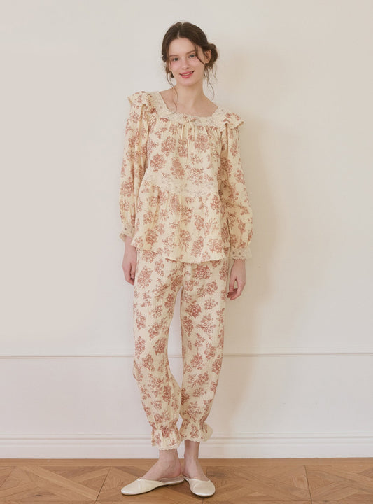 Minuet Double - Gauze Cotton Square - Neck Pajama Set - premium Korean sleepwear by LUNALUZ