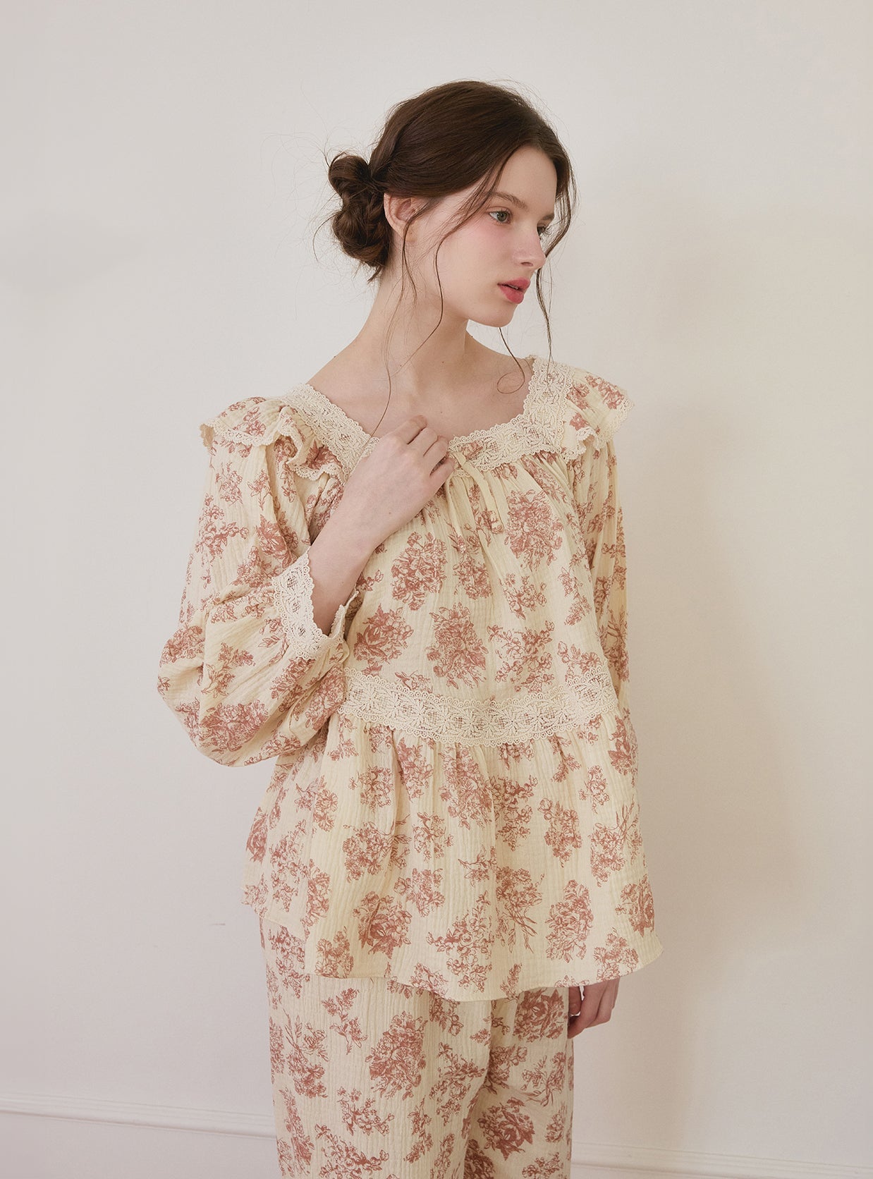 Minuet Double - Gauze Cotton Square - Neck Pajama Set - premium Korean sleepwear by LUNALUZ