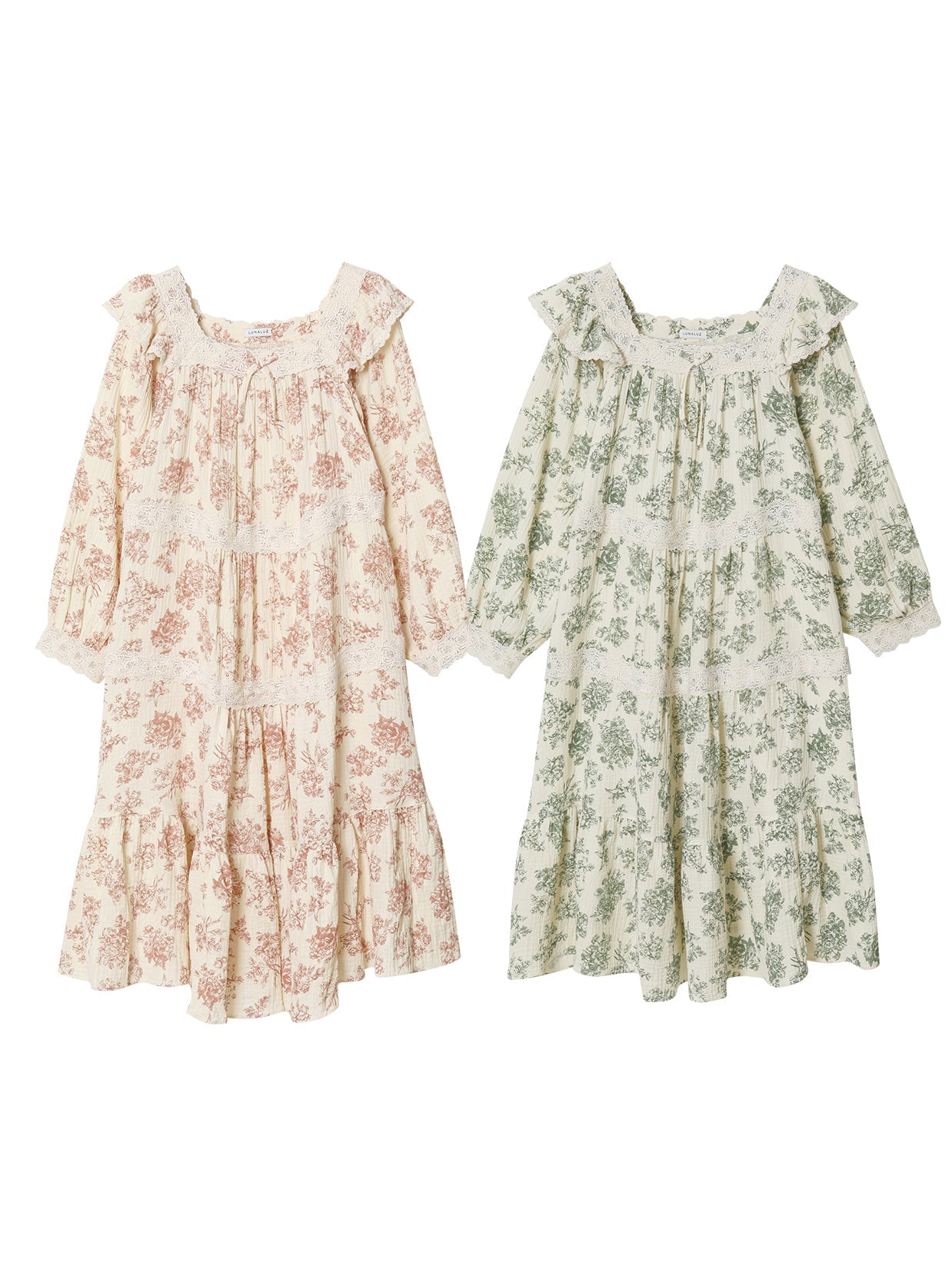 Minuet Double Gauze Long - Sleeve Square - Neck Nightdress (2 Colors) - premium Korean sleepwear by LUNALUZ