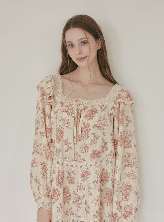 Minuet Double Gauze Long - Sleeve Square - Neck Nightdress (2 Colors) - premium Korean sleepwear by LUNALUZ