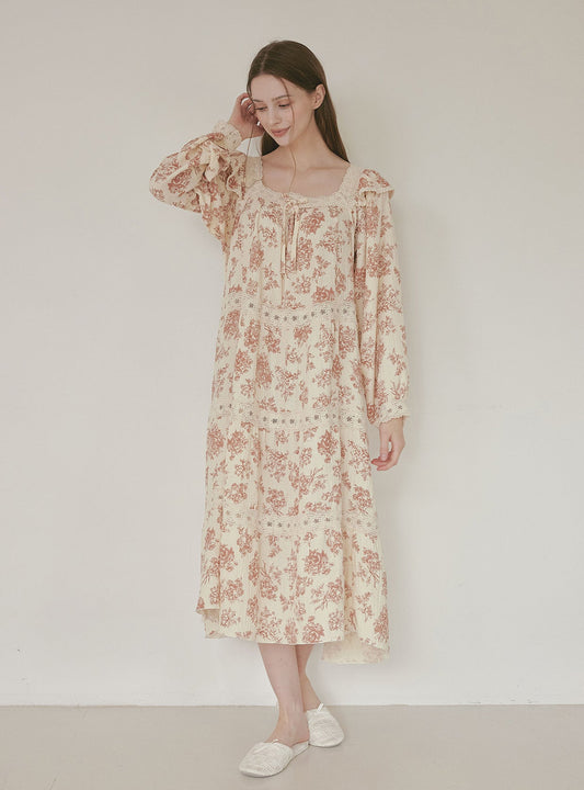 Minuet Double Gauze Long - Sleeve Square - Neck Nightdress (2 Colors) - premium Korean sleepwear by LUNALUZ