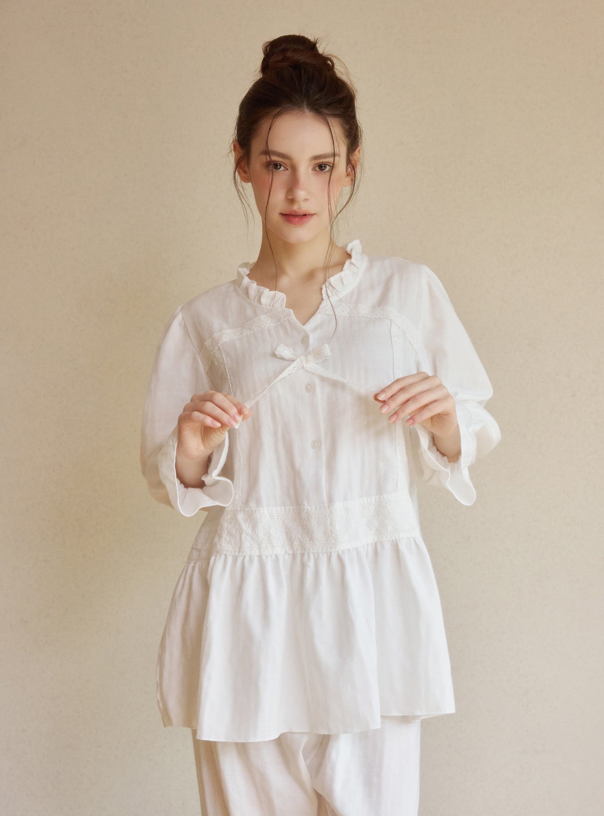 Netty Long - Sleeve Round - Neck Pajama Set - premium Korean sleepwear by LUNALUZ