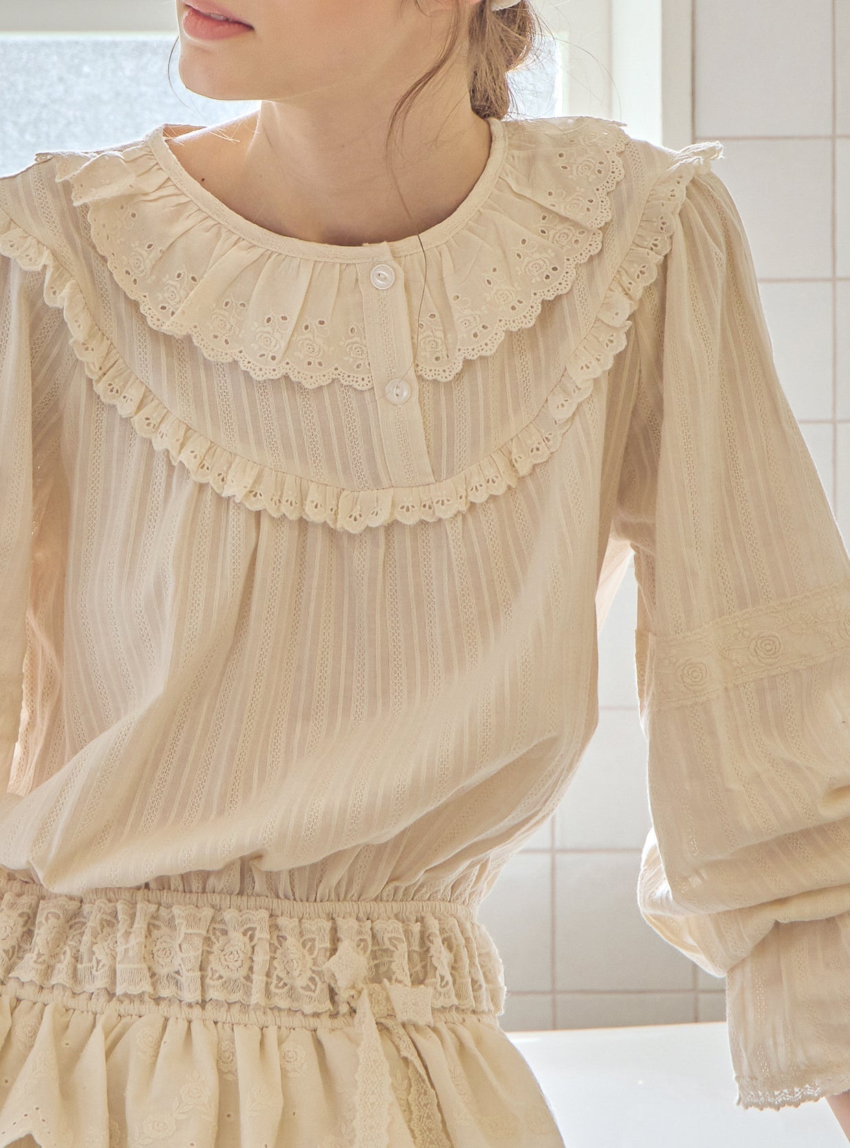 Nora Cotton Round - Neck Long - Sleeve Nightdress - premium Korean sleepwear by LUNALUZ