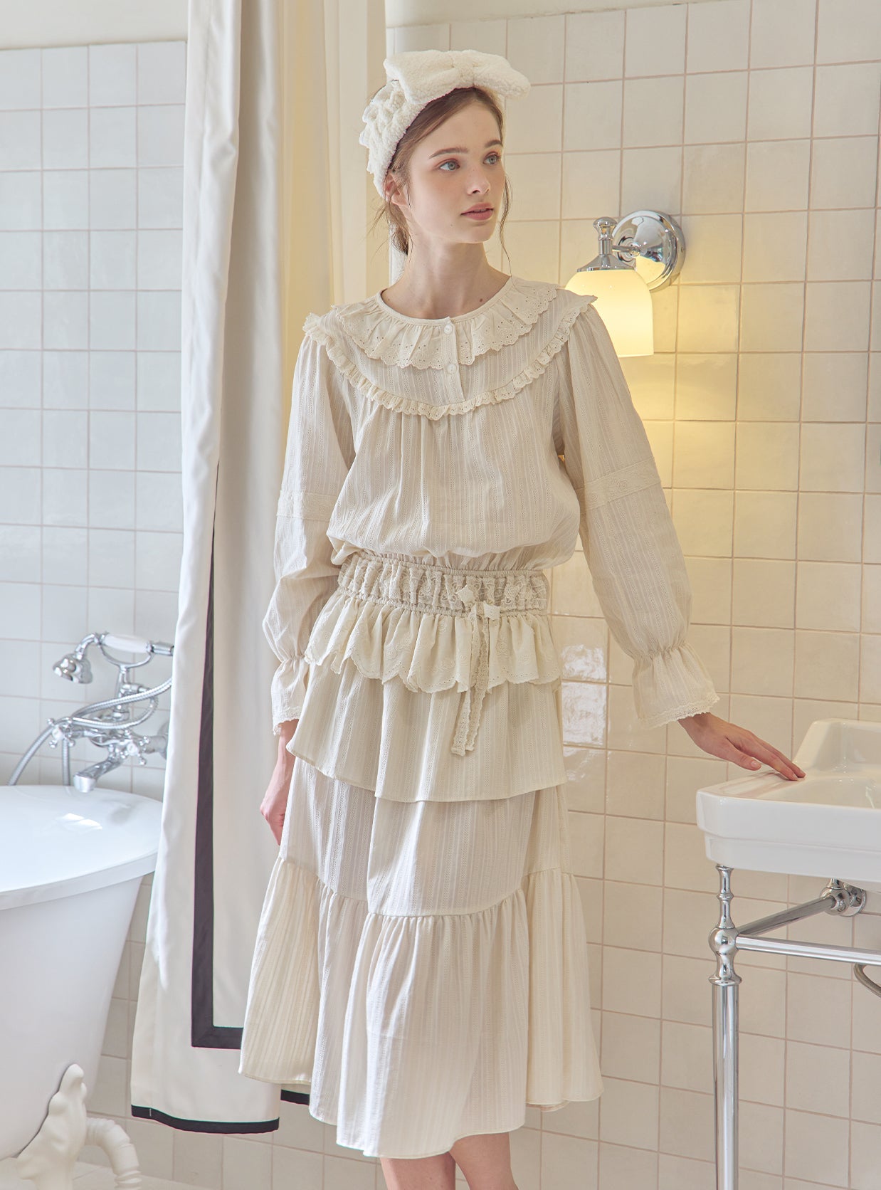 Nora Cotton Round - Neck Long - Sleeve Nightdress - premium Korean sleepwear by LUNALUZ