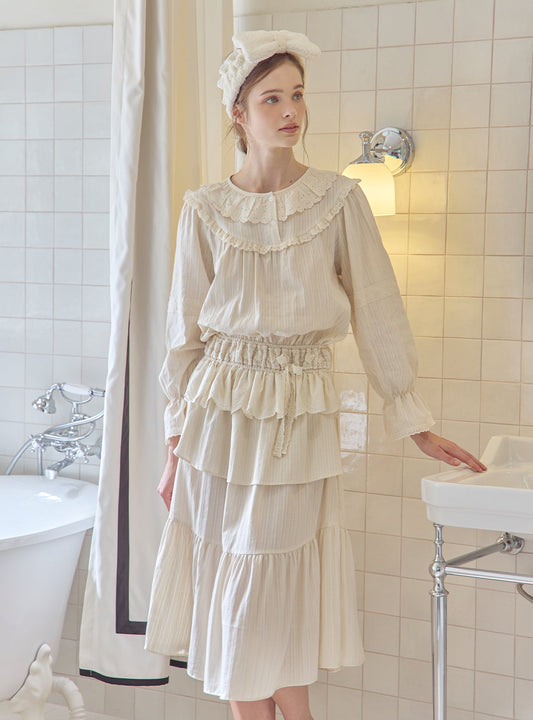 Nora Cotton Round - Neck Long - Sleeve Nightdress - premium Korean sleepwear by LUNALUZ