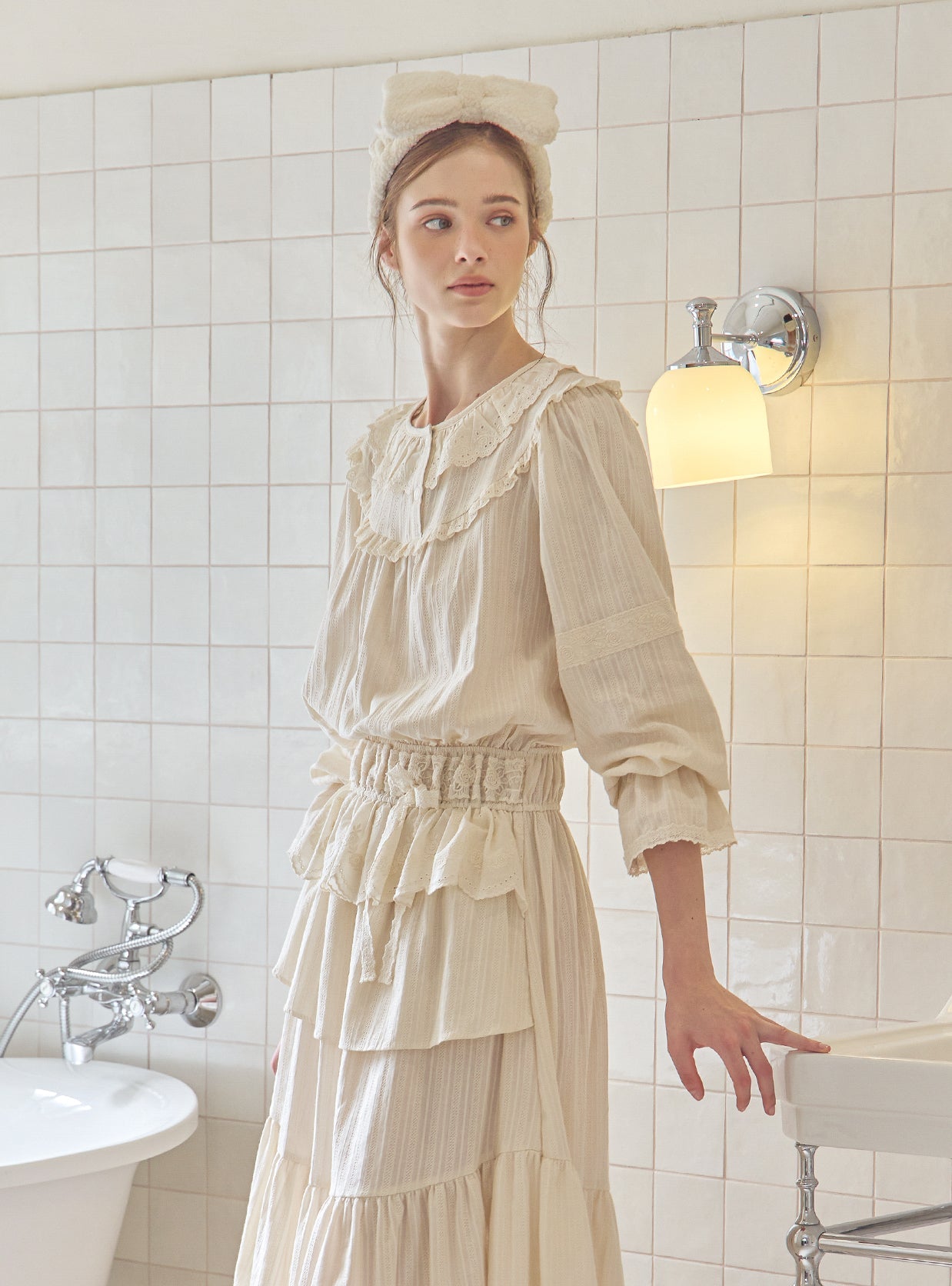 Nora Cotton Round - Neck Long - Sleeve Nightdress - premium Korean sleepwear by LUNALUZ