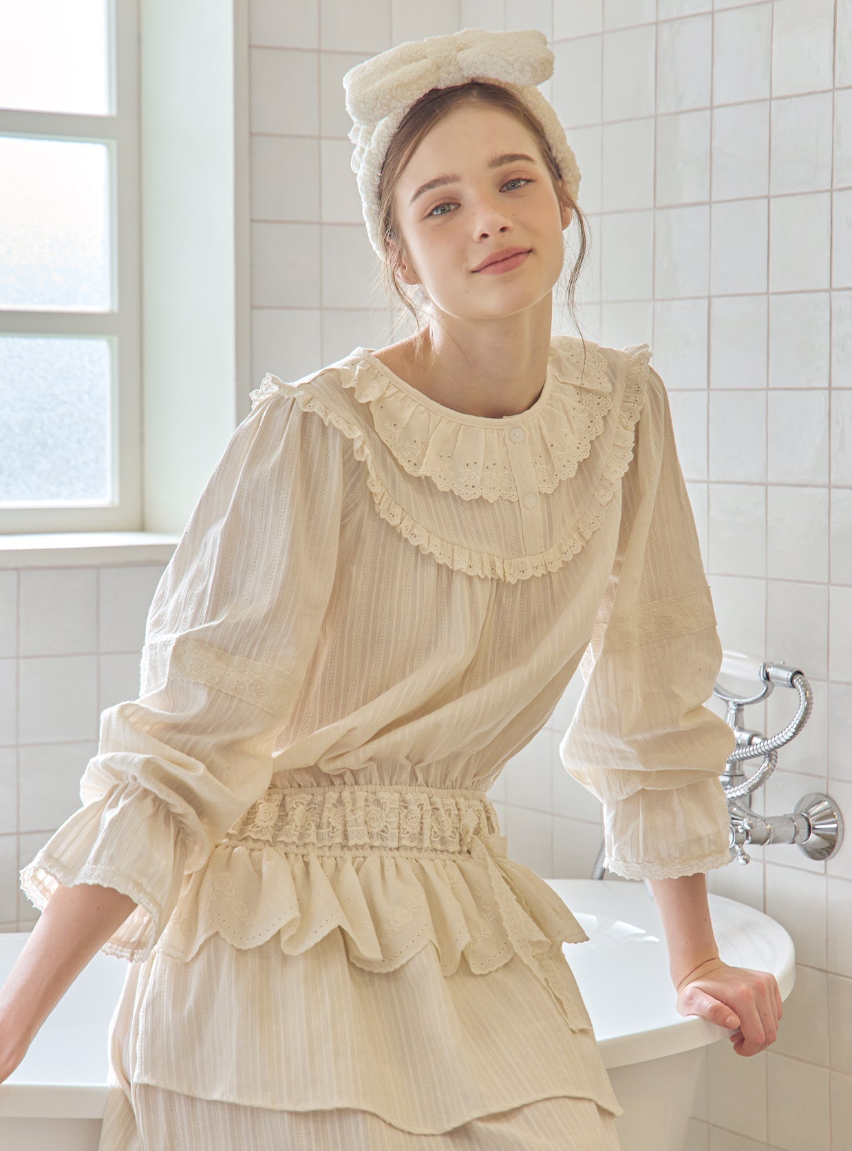 Nora Cotton Round - Neck Long - Sleeve Nightdress - premium Korean sleepwear by LUNALUZ