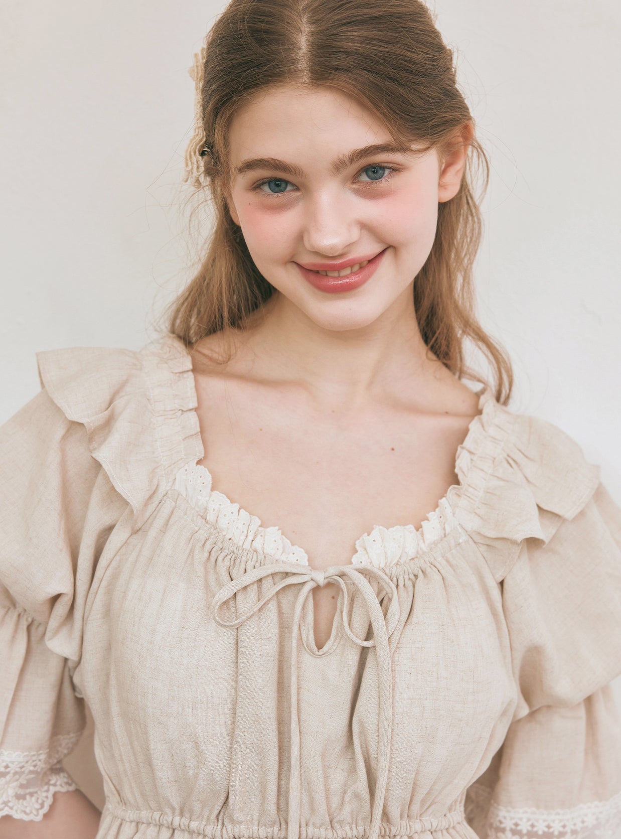 Objet Linen Cotton Short - Sleeve Nightdress - premium Korean sleepwear by LUNALUZ