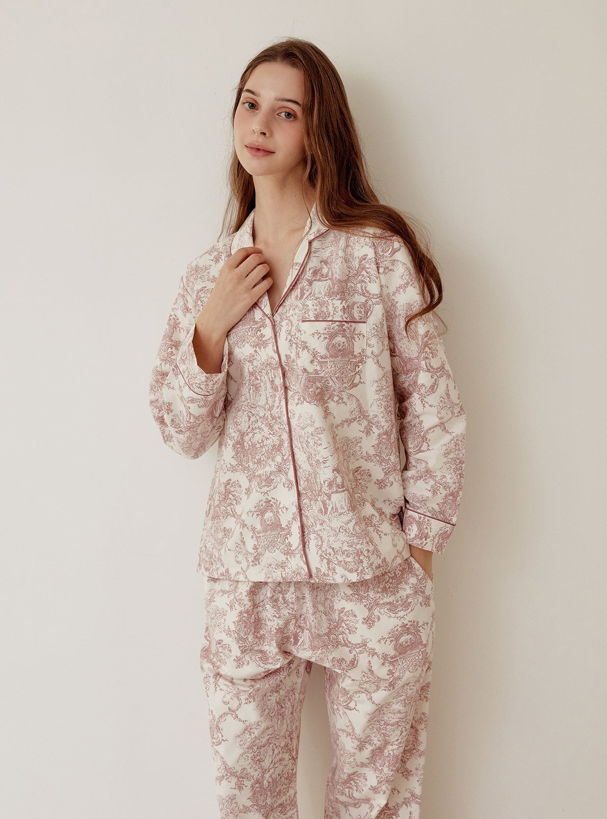 Palace Rayon Cotton Collar Long - Sleeve Pajama Set - premium Korean sleepwear by LUNALUZ