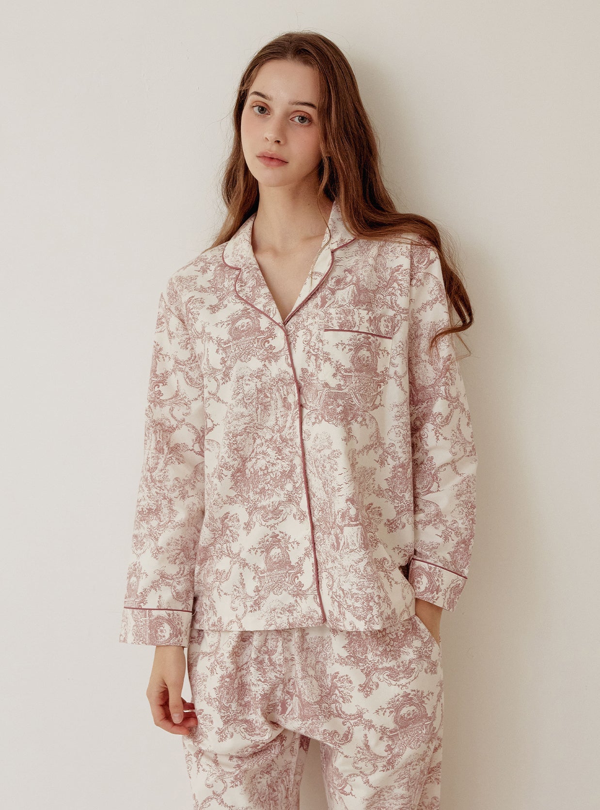 Palace Rayon Cotton Long - Sleeve Notched Collar Pajama Set - premium Korean sleepwear by LUNALUZ