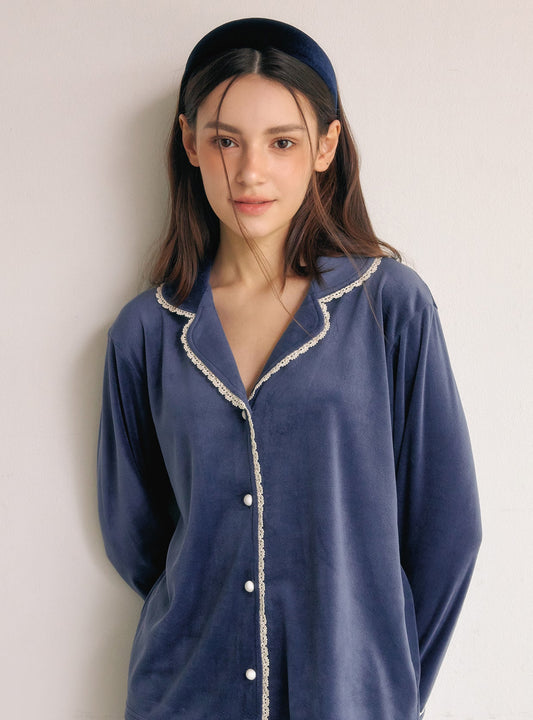 Ronique Minky Span Long - Sleeve Notched Collar Pajama Set (2 Colors) - premium Korean sleepwear by LUNALUZ